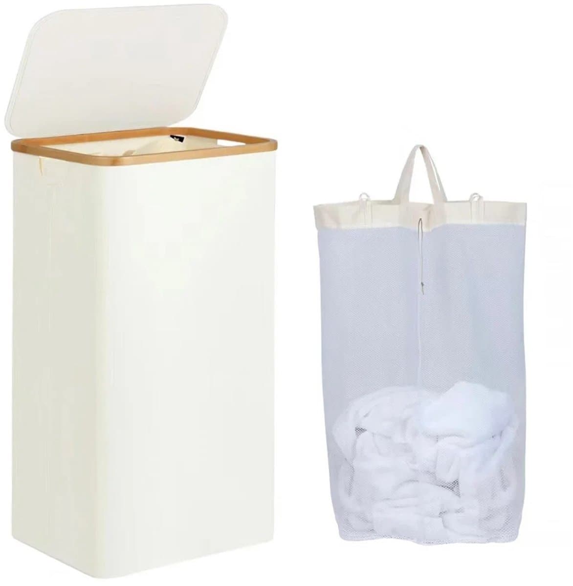 DIMICO - Wasmand 3 Vakken met Binnenzak - Wassorteerder - Wasmanden met Deksel - Beige - Geurbestendig - 100L - met Handgrepen — afbeelding 1