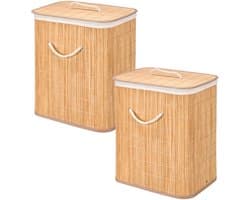 Kipit Wasmand van bamboe - 2x - wit / bruin - 60 liter - 40 x 30 x 50 cm - met deksel - met binnendoek