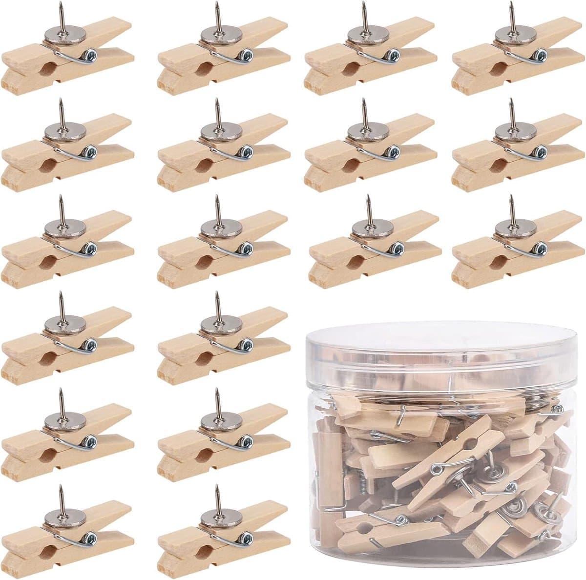 Houten Clips - Pushpins met Klem - Decoratief Bevestigen - Met Veer Mechanisme - 50 Stuks - Houtkleur — afbeelding 1