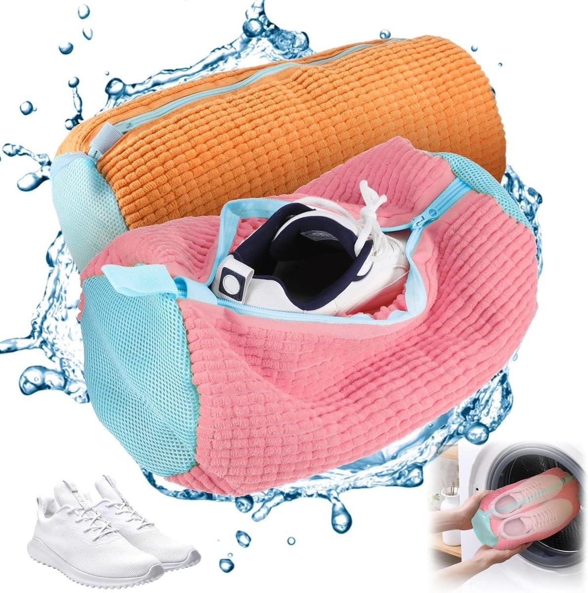 Waszak voor Schoenen in 2 Kleuren - Geschikt voor Wasmachine - Met Ritssluiting - Meerdere Kleuropties - Ideaal voor Gymschoenen en Tennisschoenen - Roze en Oranje — afbeelding 1