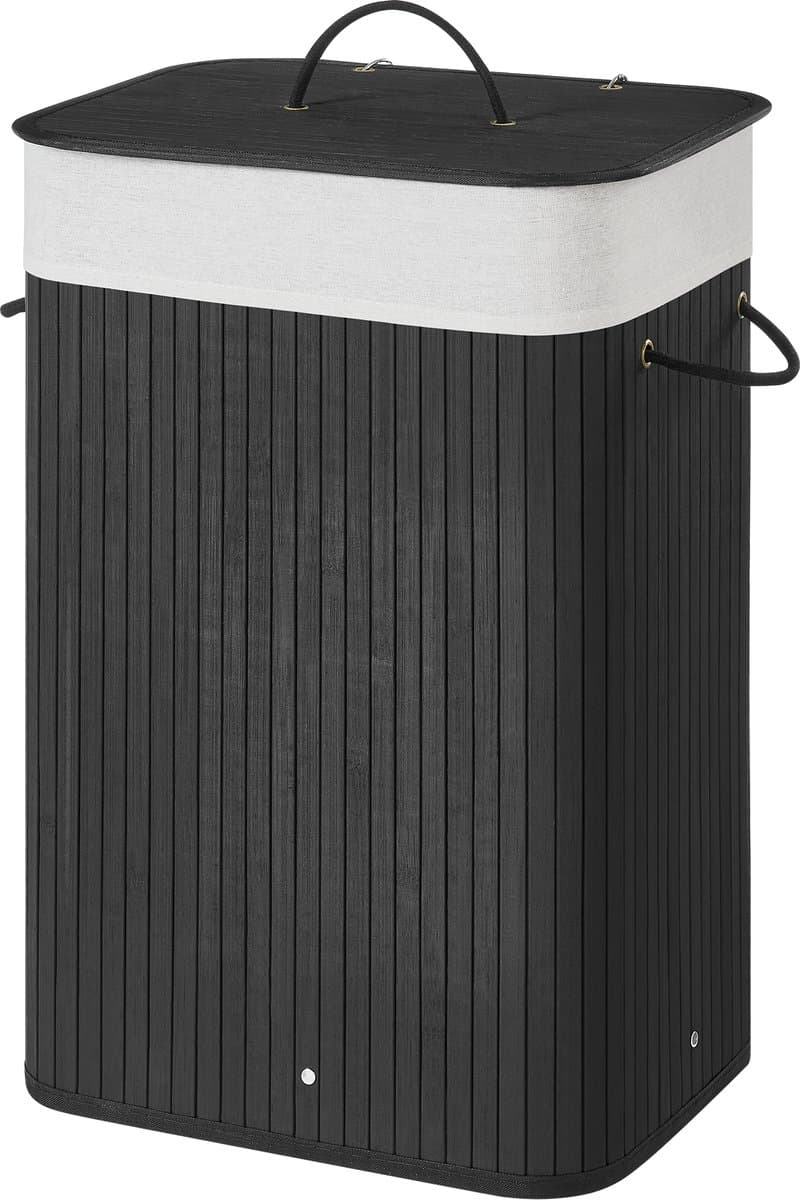 ACAZA Wasmand Met Deksel - 72 L - Bamboe - Wasbare Katoenen Waszak - Handvatten - 40 x 30 x 60 cm - Zwart — afbeelding 1