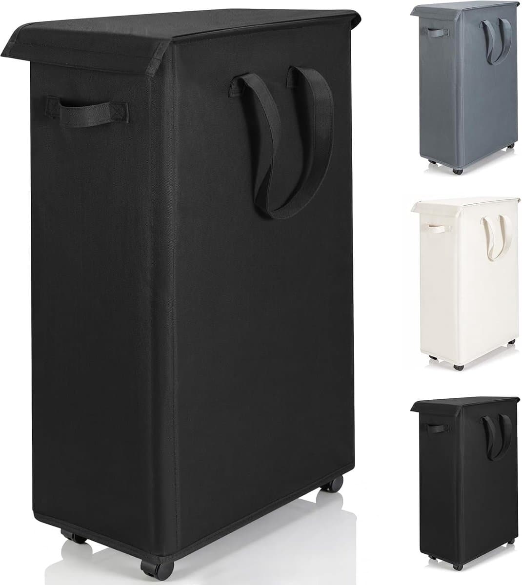Wasmand met deksel en wielen 55L - Opvouwbare dunne wasmachine oxford doek opbergmand met lange handgreep, geschikt voor slaapkamer, badkamer, wasruimte (Zwart) — afbeelding 1