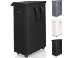 Wasmand met deksel en wielen 55L - Opvouwbare dunne wasmachine oxford doek opbergmand met lange handgreep, geschikt voor slaapkamer, badkamer, wasruimte (Zwart)