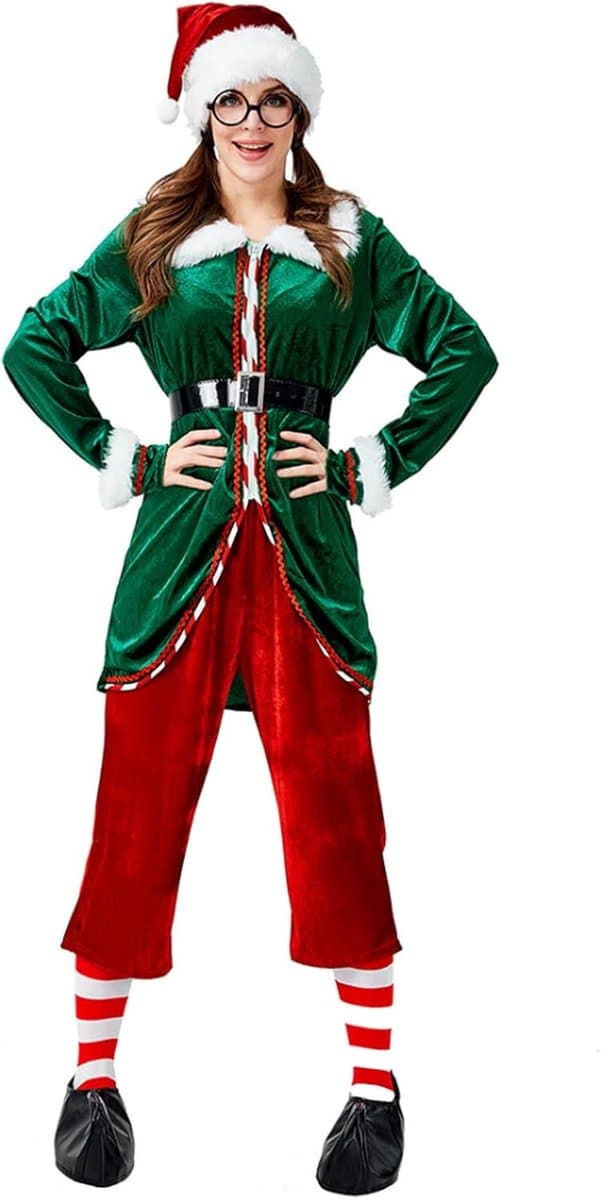 Elf Kostuum dames Kerstman kostuum Fluwelen elfenoutfit voor volwassenen voor Xmas Cosplay Pak Groen Rood Party Kostuum,Groen,XL — afbeelding 1