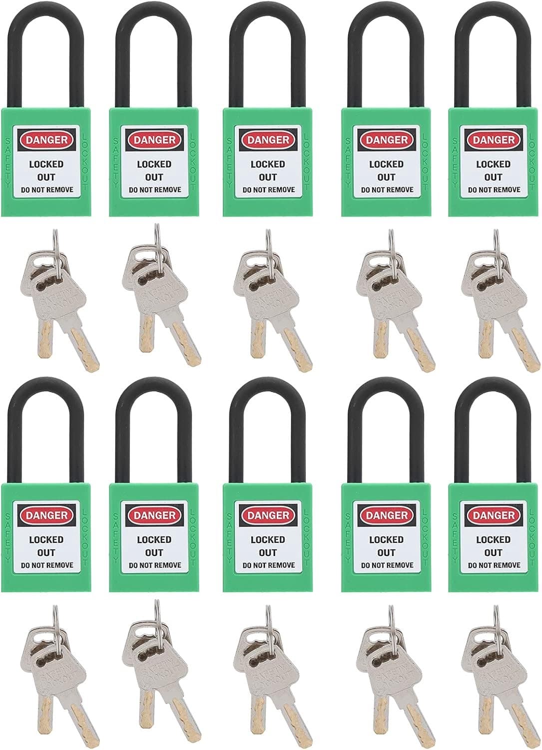 10-set 38 mm veiligheidshangslot Techniekbeveiligingshangslot voor fabrieken Bouwplaatsen Zwaar uitgevoerd nylon 6 mm slotbalk met 20 sleutels (Groente) — afbeelding 1