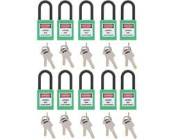 10-set 38 mm veiligheidshangslot Techniekbeveiligingshangslot voor fabrieken Bouwplaatsen Zwaar uitgevoerd nylon 6 mm slotbalk met 20 sleutels (Groente)