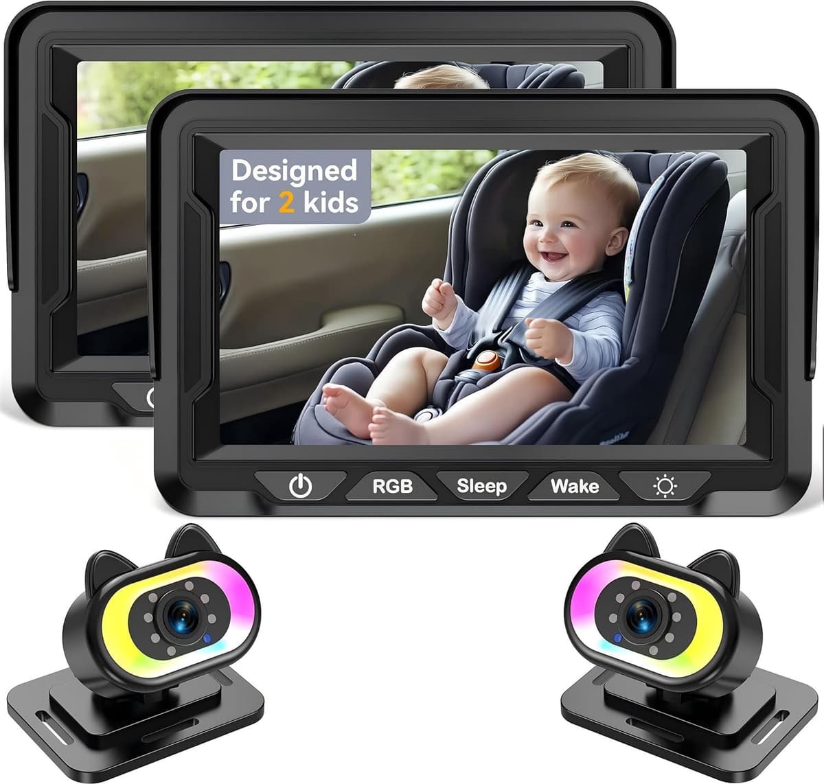 Wkzay Babyautocamera, set van 2 stuks, HD 1080P, 150° groothoek, nachtzicht, instelbaar ledlicht, eenvoudige installatie, babyveiligheid, achterbankbewaking voor autoritten — afbeelding 1