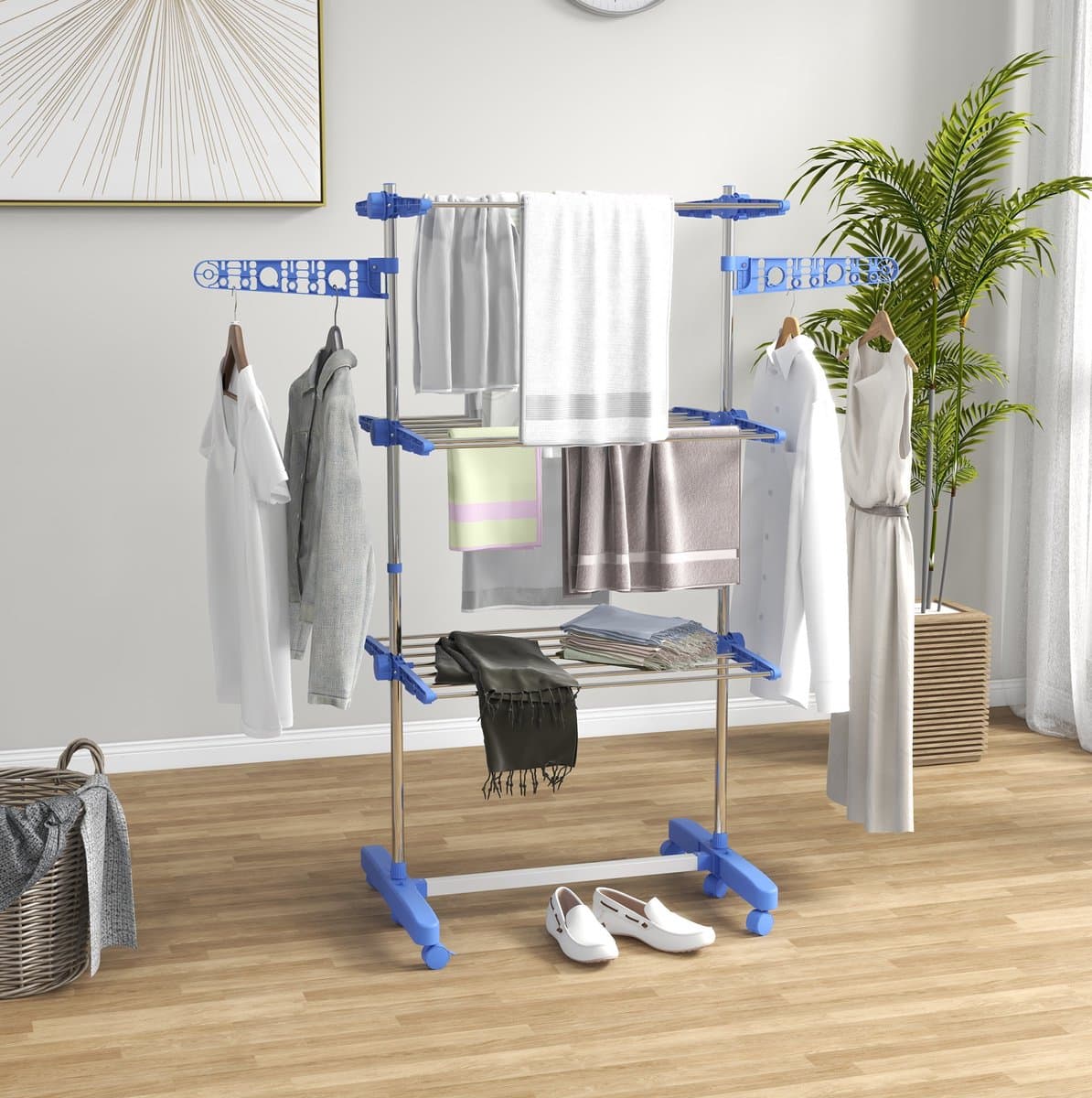 Droogtoren – 3 Niveaus, 142 x 55 x 152 cm – Opvouwbaar met Wielen – Staal – Blauw – Binnengebruik — afbeelding 1