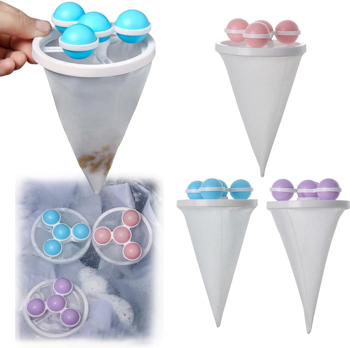 drogerballen - wasbol - wasballen- Wasmachine Huisdierhaarverwijderaar – Roze, Paars en Blauw – Herbruikbaar – Drijvend Gaas – Pluizenverzamelaar – Honden- en Kattenhaaroplosser – Geschikt voor het wassen van wasgoed – Afvoerslang (3-pack) — afbeelding 1