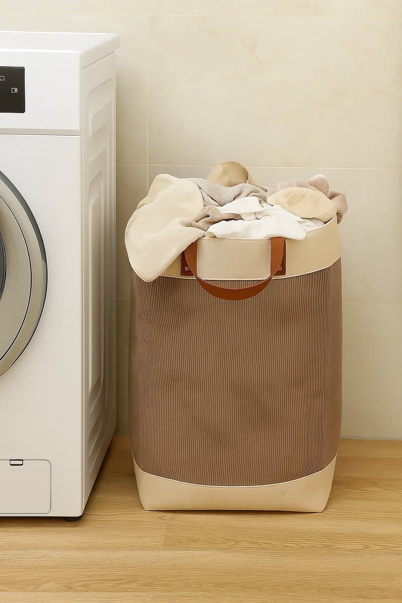 Webzon – Wasmand – Wasmanden – Wasmand inklapbaar – Opvouwbare Wasmand – 30×35×55 cm – Engels design – Jute stof met leren handvatten – Opbergmand – Opvouwbaar en ruimtebesparend – Bruin — afbeelding 1