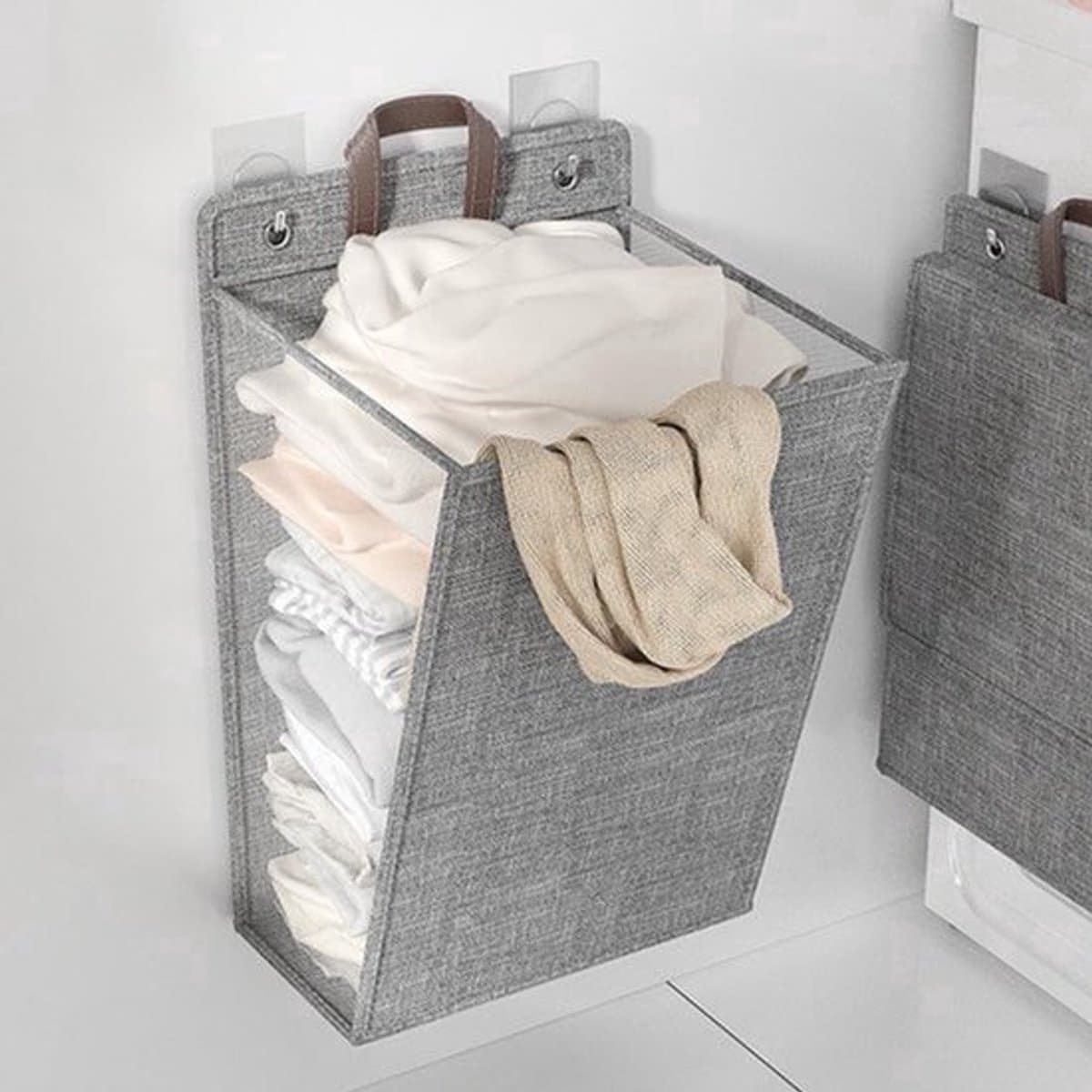 Wandhangende Opvouwbare Wasmand - Draagbare Hangwasmand - Geperforeerd PP Kunststof - Zelfklevende Montage Zonder Boren - Ventilerend Ontwerp - Voor Badkamer, Wasruimte En Kast — afbeelding 1