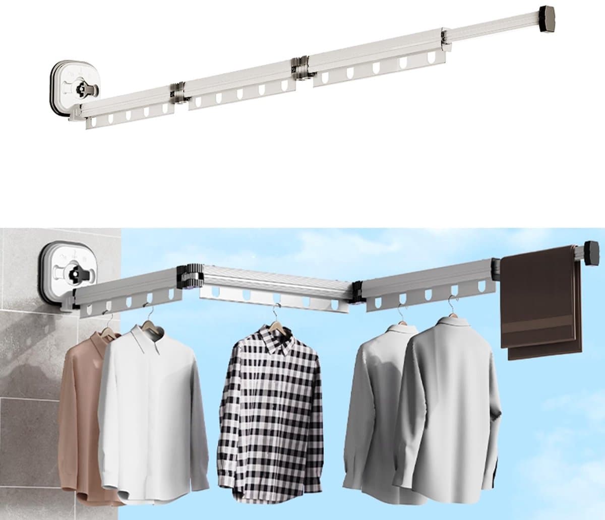 Dailygoods- Droogrek intrekbaar - Kledingrek met zuignap - Opvouwbare kledingstang - Handdoekhouder - Voor balkon/badkamer - Melkwit 3-weg — afbeelding 1