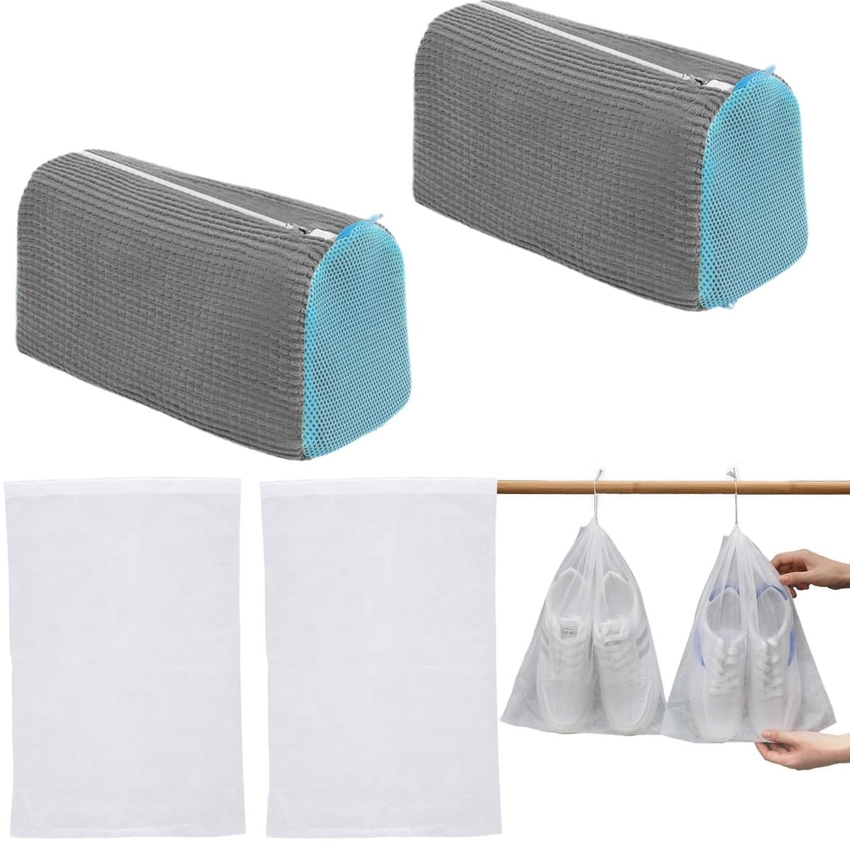 Dailygoods - Set van 2 waszakken voor schoenen, wasmachine, schoenentas met 360° reinigingsdons, 4 stofzakken, herbruikbaar, pluisvrij, waszak voor sportschoenen (grijs) — afbeelding 1