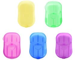 Dailygoods- Papierzeep 5 Stuks - Draagbare Mini-zeepblaadjes - Kunststof Doos - Zeeppapier - Ideaal voor Camping - Lichtgewicht en Handzaam - Zeepbladen