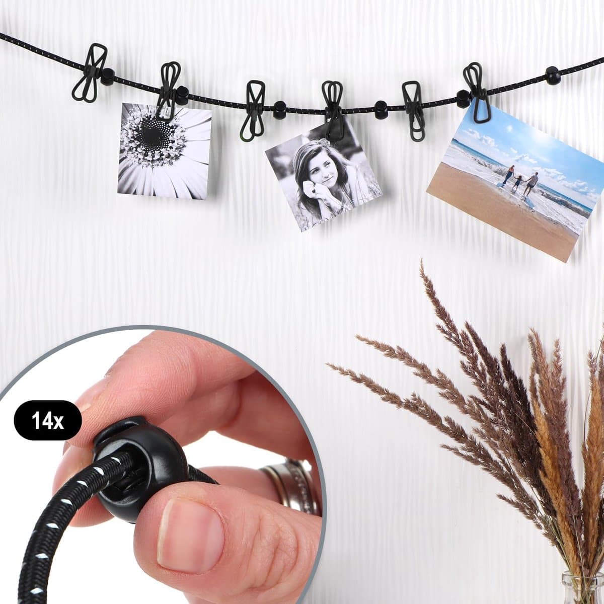 Reiswaslijn Set - Zwart - Verstelbare Lengte tot 350 cm - Inclusief 12 Clips - Voor Kamperen en Reizen — afbeelding 1