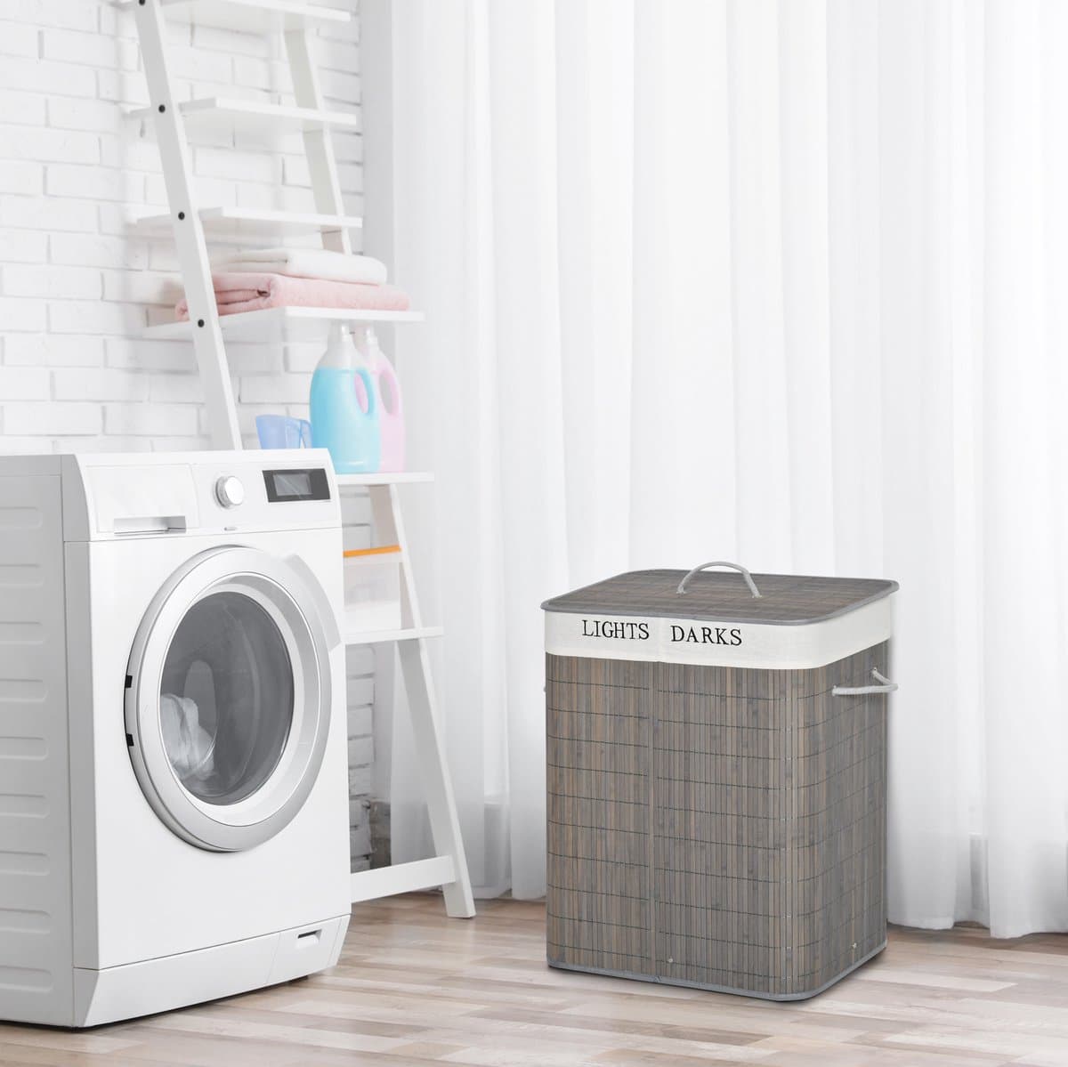 MEUNIQ wasmand 100L met 2 vakken, bamboe wassorteerder met deksel en handgrepen, uitneembare wasbare waszak, opvouwbaar, 52 x 32 x 63 cm, grijs — afbeelding 1
