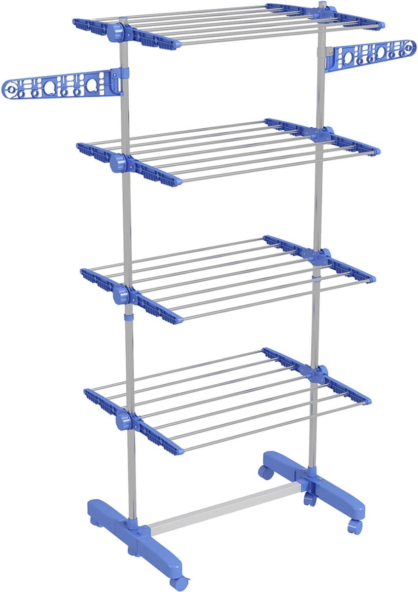 Blauwe Wastoren 142 x 55 x 172 cm, Wasrek met 5 Niveaus, Opvouwbaar Droogrek met 6 Wielen, Inklapbaar Wasdroogrek, Verstelbare Etages, Sokkenhouders, Kledingrek voor Wasgoed, Badkamer en Balkon — afbeelding 1