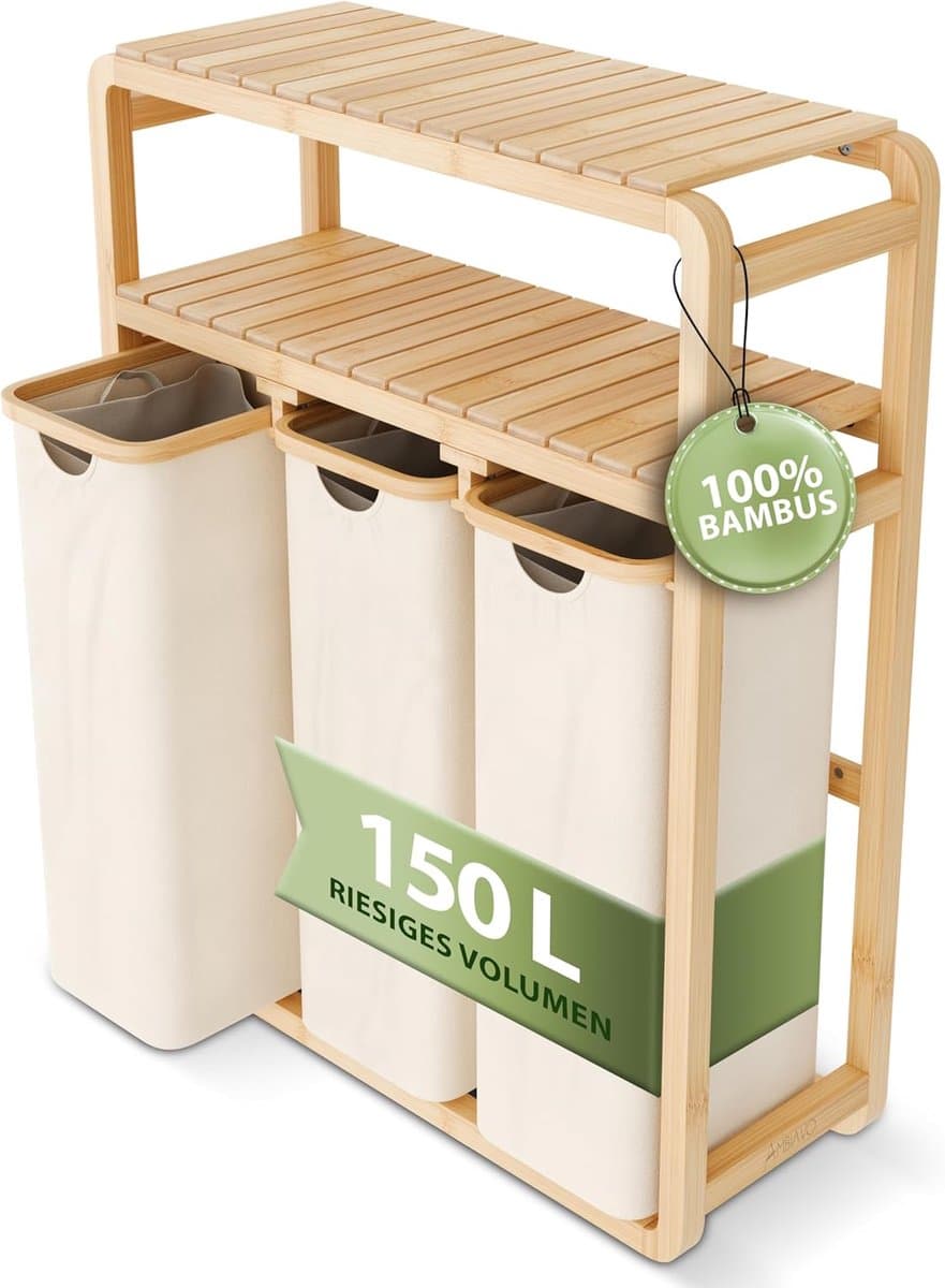 Wasmand 3 vakken met legplank beige 150 l – ruimtebesparend design – 50 l per vak – stabiele bamboeconstructie – legplank – uitneembare, wasbare waszakken — afbeelding 1