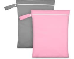 Waterdichte Waszakken met Handvat en Rits - Herbruikbare Stofzak voor Zwemkleding, Gym en Strand (Grijs & Roze)