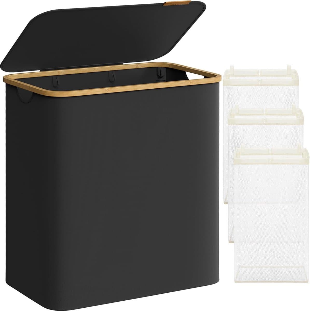 Wasmand met deksel, wasverzamelaar met 3 vakken, 150 l, uitneembare waszak, Oxford-weefsel, handgrepen van bamboe, inklapbaar, 60 x 38,5 x 70,5 cm, inktzwart — afbeelding 1
