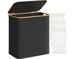 Wasmand met deksel, wasverzamelaar met 3 vakken, 150 l, uitneembare waszak, Oxford-weefsel, handgrepen van bamboe, inklapbaar, 60 x 38,5 x 70,5 cm, inktzwart