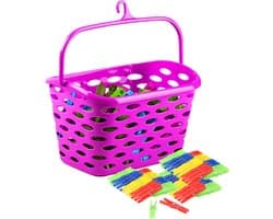 Plasticforte Wasknijpers ophang mandje/bakje - fuchsia roze - met 72x plastic knijpers — afbeelding 1