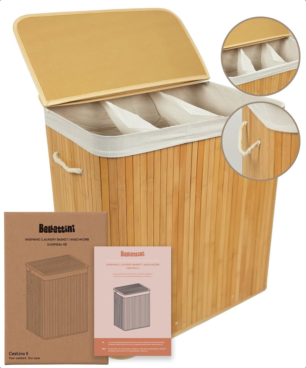 Bellettini® Bamboe Wasmand met Deksel - 3 Compartimenten Wassorteerder - 155 Liter - Naturel — afbeelding 1