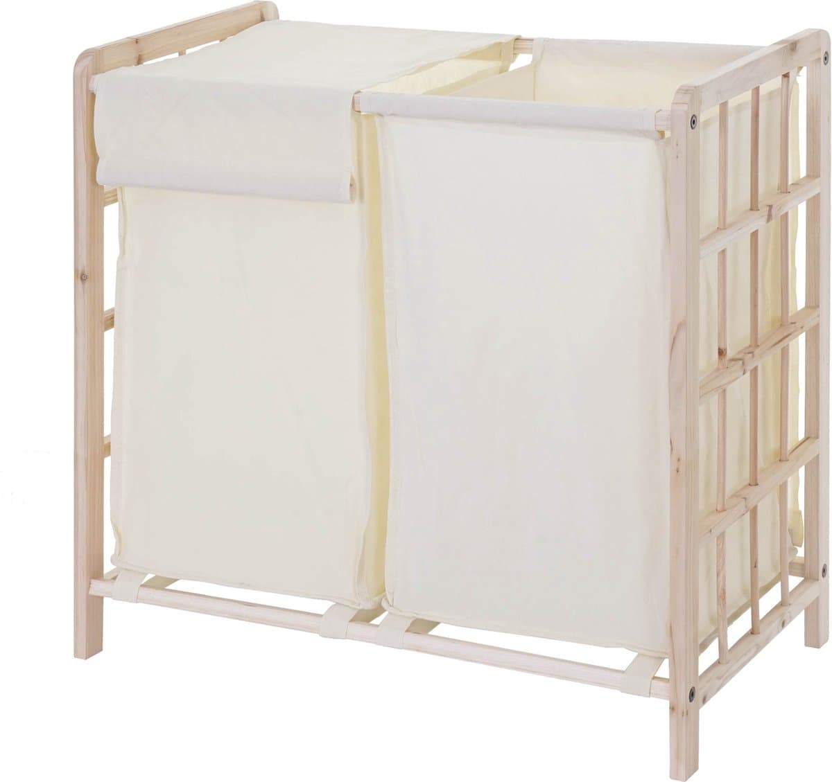 Wasbak MCW-B60, Wasbox wasmand, massief hout 2 vakken 60x60x33cm 68l ~ lichtbruin, deksel crème — afbeelding 1