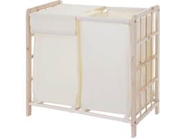 Wasbak MCW-B60, Wasbox wasmand, massief hout 2 vakken 60x60x33cm 68l ~ lichtbruin, deksel crème
