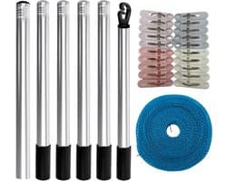 Waslijn Palen - Steunpaal Kleding - Buiten Drogen - Stabiel Steunsysteem - 220 cm - Zilverkleurig