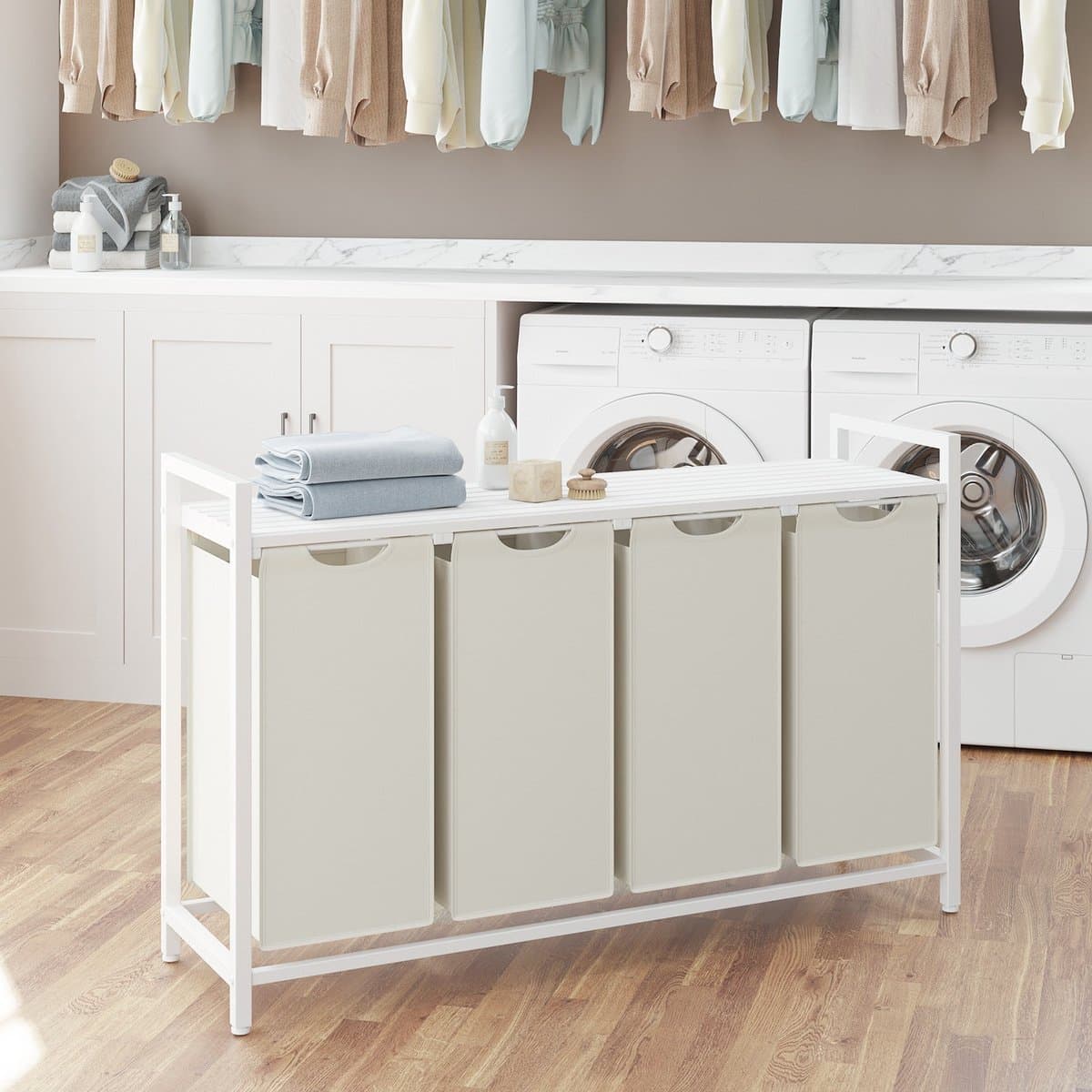 Wasmand – Metalen frame – Rustiek bruin en zwart – 4 vakken met uitneembare zakken en plank — afbeelding 1