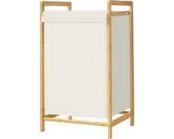 SONGMICS RLH102WD01 - Wasmand met Deksel - 2 Vakken - Afneembare Waszak - Bamboe Frame