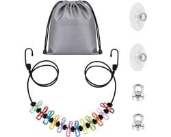 Reis Waslijn Set met Clips, Bevat 1 Uitschuifbare Waslijn 1 Opbergtas 2 Doorzichtige Haken & 2 Magnetische Ringen voor Cruiseschip Hut Camper Camping Hotel & Slaapzaal Essentiële