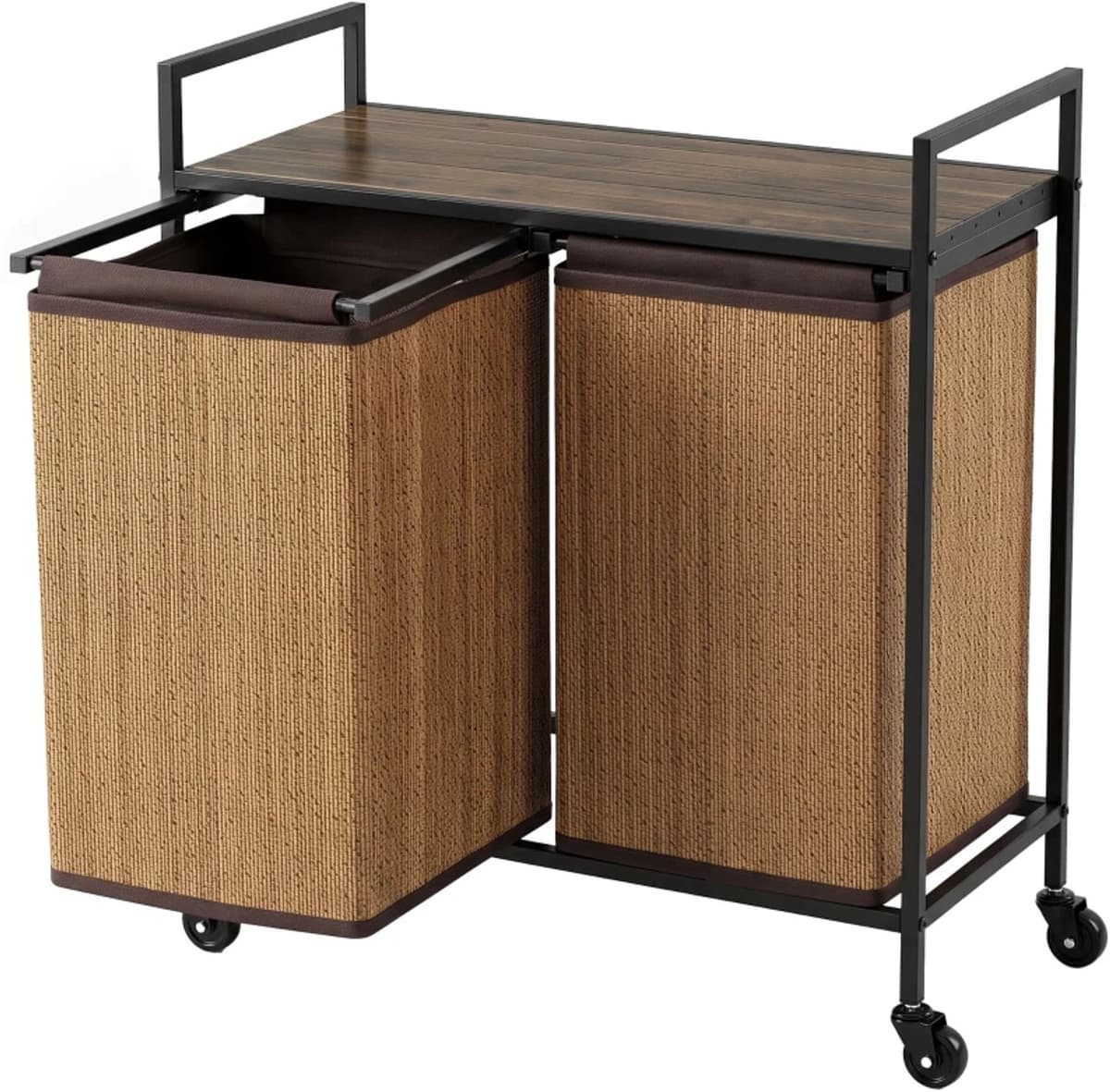 Bamboe wasmand - 2 vakken - 120 liter - Met plank - Waszak - Oprolbaar - 73 x 33 x 78 cm - Bruin — afbeelding 1