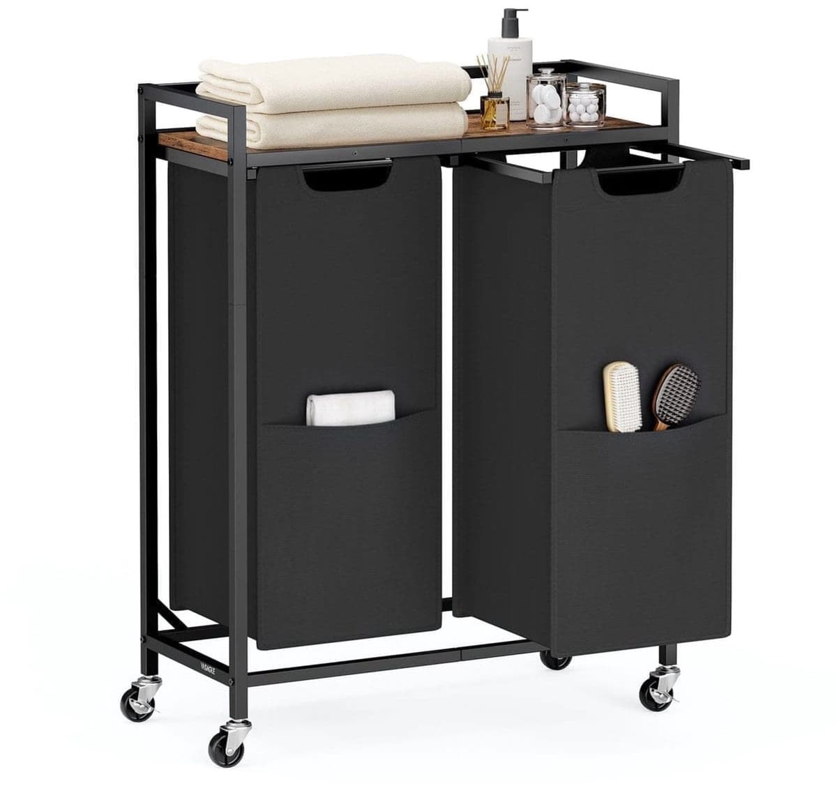 Klarven® Wasmand Inktzwart - Verrijdbare Wasmand - Wasmanden - Laundry Cart - 2 Vakken, Verwijderbare Waszakken - Met Plank en Wielen - 63x32x93cm — afbeelding 1