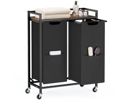 Klarven® Wasmand Inktzwart - Verrijdbare Wasmand - Wasmanden - Laundry Cart - 2 Vakken, Verwijderbare Waszakken - Met Plank en Wielen - 63x32x93cm