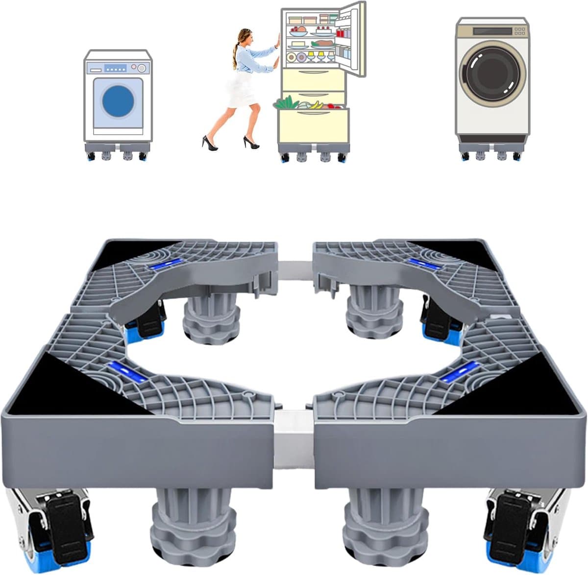 Wasmachine-onderstel met wieltjes, wasmachinesokkel, platform voor koelkast, droger en vriezer, berenbelasting 200 kg, verhoging 9,5 cm, verstelbare breedte (47 - 68 cm) — afbeelding 1