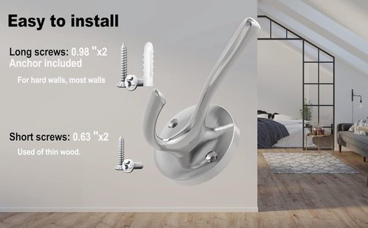 Badjashaak van geborsteld nikkel, handdoekhaak, 3-pack kledinghaken, zware haken voor de bijkeuken, dubbele badjashaken, wandmontage, hoedenhaken voor hal, badkamer, keukenkast — afbeelding 1