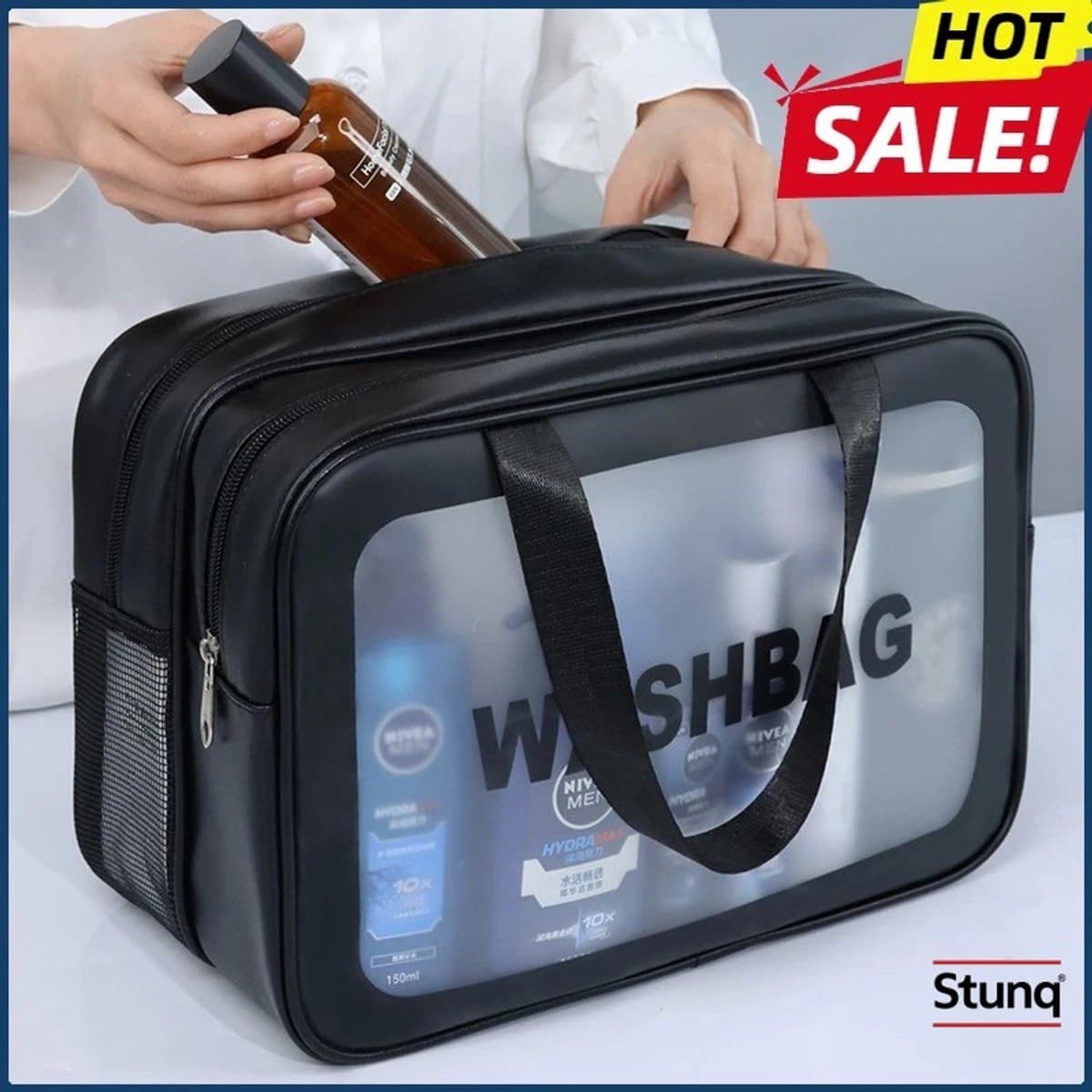Stunq® Waszak met droog-nat scheiding - transparant PU, ideaal voor reizen, fitness en zwemmen — afbeelding 1