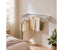 80 cm Wanddroogrek Inklapbaar - Droogrek Inklapbaar - Wasrek Hangend - Uitklapbaar - Muur - Ophangbaar - Incl. 4 Handdoek Haakjes - Draagkracht 25 kg - Wit