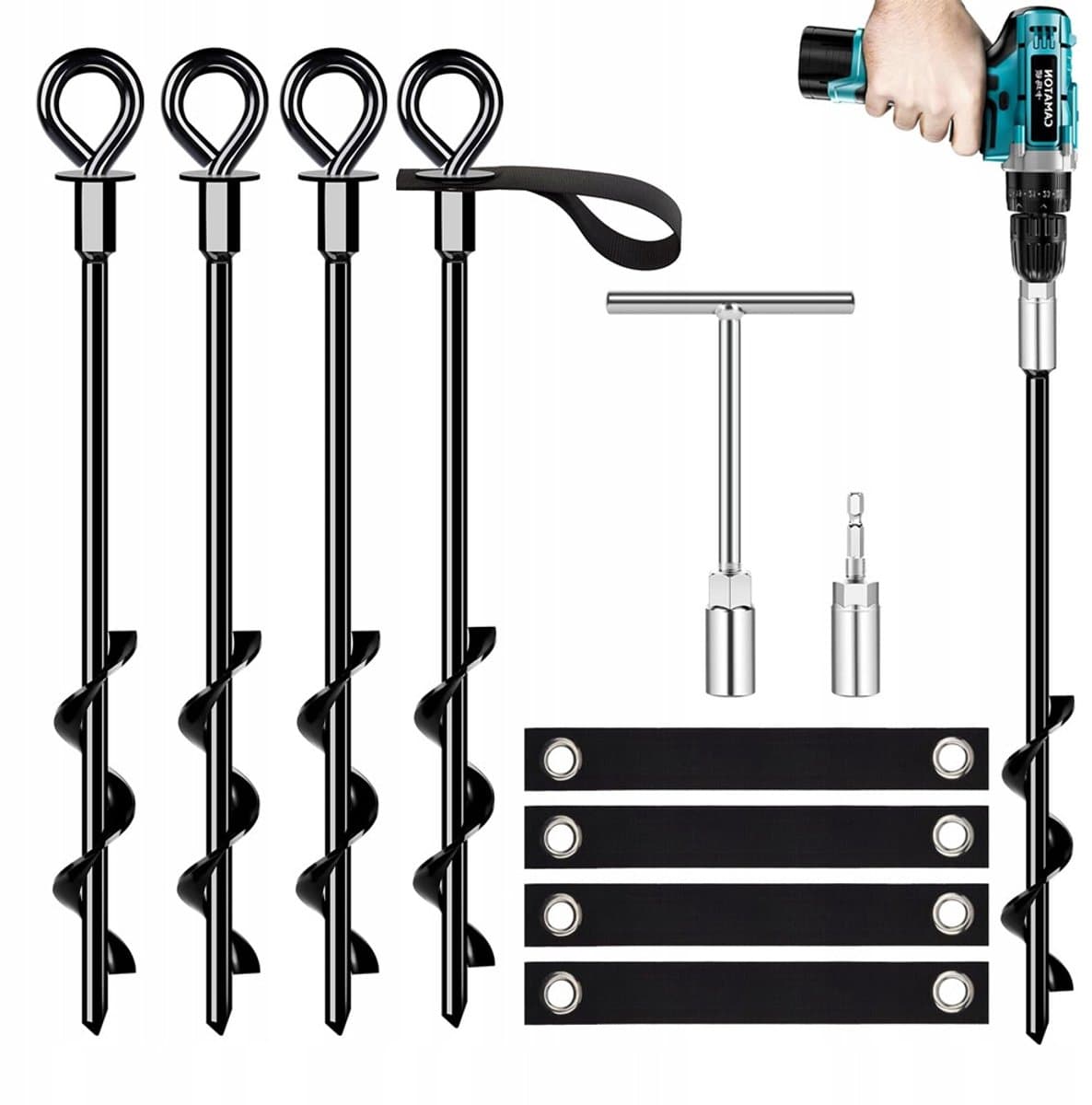 Spiraal Grondanker Set – Zware Grondschroef - Tentankers - 4 Stuks - T-handgreep & 14mm Adapter - RVS - Elektrisch of Handmatig - Windbestendig - Diepe Grip in Grond - Voor Tent & Trampoline & Schommel — afbeelding 1