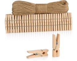 Thijox - 120 Mini Wasknijpers Houten Clips met 50m Jute Touw - Decoratie voor Foto's, Collages, Ansichtkaarten, Geluksgeschenken - Natuurlijke Kleur v