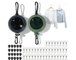 Waslijn uittrekbaar camping, uittrekbare waslijn met handslinger 10 m, draagvermogen 50 kg, incl. 20 klemmen, 10 vaste gespen, set van 2 zwart/groen, voor camper, vanlife & backpacking