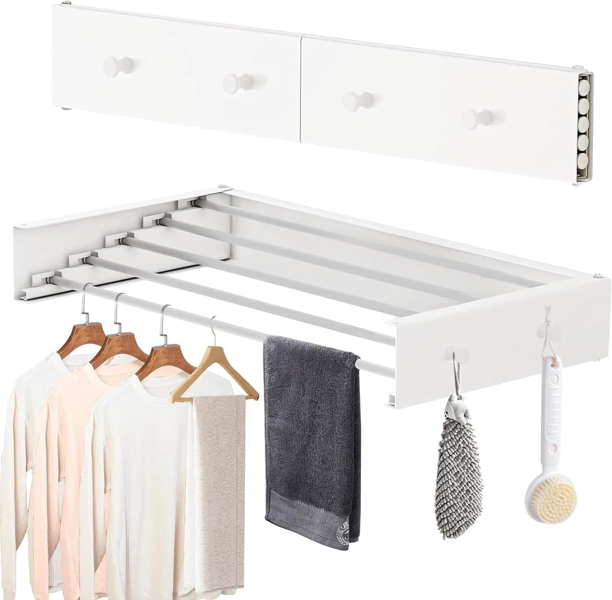 Droogrek Opvouwbaar Droogrek Opvouwbaar Muur Droogrek 5 Staven 4 Haken 55 lbs Capaciteit voor Indoor Outdoor Appartementen Slaapzaal Bad Washanger — afbeelding 1