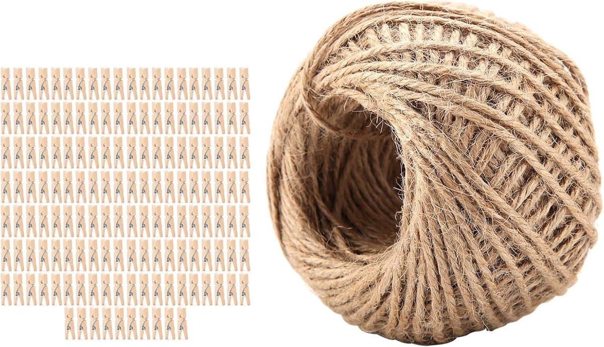 250 Pcs Wooden Clothespins, Mini Pince A Linge Bois Mini Clothes Pins Clip Peg With 1 Roll 50 Meter Jute Twine — afbeelding 1