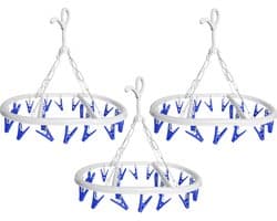 CM Wasgoed droogcarrousel/droogmolen - 3x - 20 clips/knijpers - wit/blauw - kunststof - 29 x 42 cm