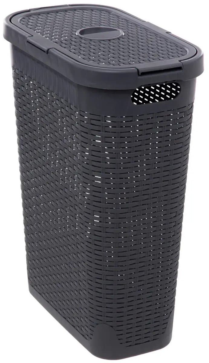 5Five Smalle Wasmand met deksel Rotan - donkergrijs - gevlochten kunststof - 40 liter - 26 x 46 x 60 cm — afbeelding 1