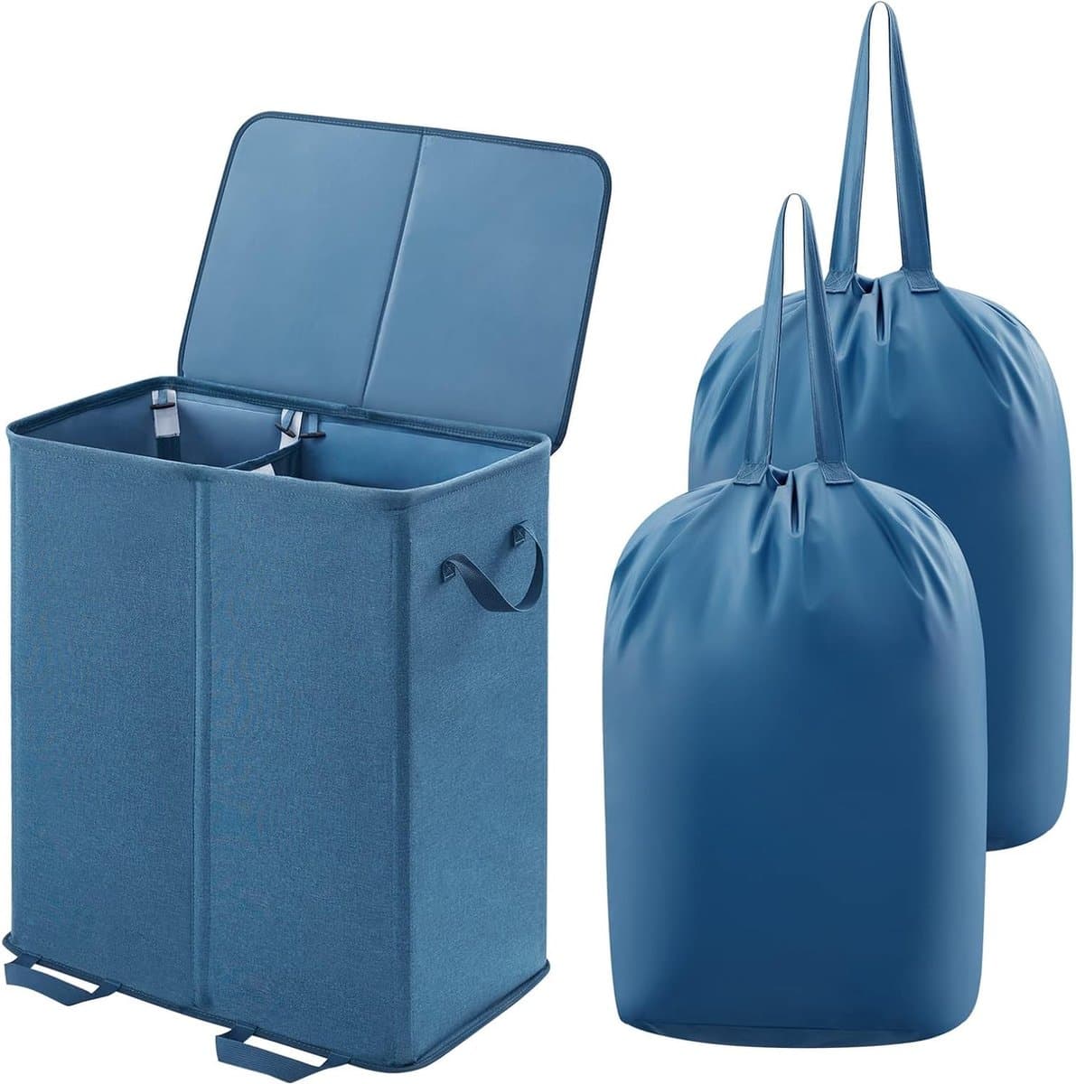 Dubbele wasmand met deksel en uitneembare waszakken, gedeelde wasmand met handgrepen, grote aparte wasmand voor slaapkamer, badkamer, wasmand — afbeelding 1