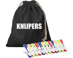 Canvas knijperzak/ opbergzakje knijpers zwart met koord 25 x 30 cm en 48 plastic wasknijpers - Knijperzak met knijpers — afbeelding 1