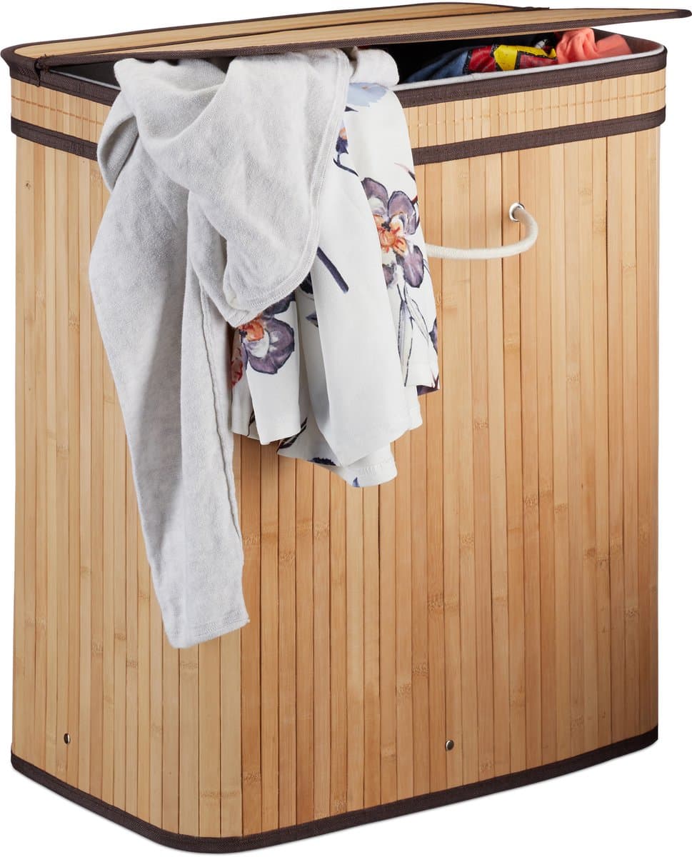 bamboe wasmand met deksel - 2 vakken - 70 L - Naturel — afbeelding 1
